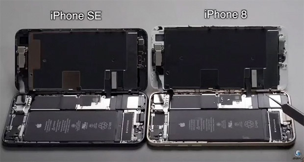 В видео сравнили внутренности iPhone 8 и iPhone SE 2020