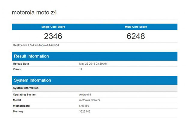 Смартфон Moto Z4 протестировали в Geekbench