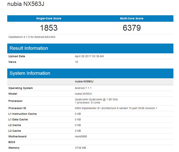 Nubia Z17 с чипом Snapdragon 835 и 4 ГБ ОЗУ протестировали в Geekbench