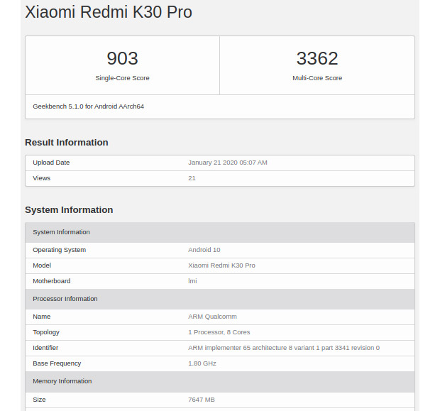 Redmi K30 Pro с чипом Snapdragon 865 побывал в Geekbench