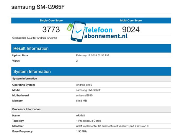 Samsung Galaxy S9+ демонстрирует высокие результаты в Geekbench