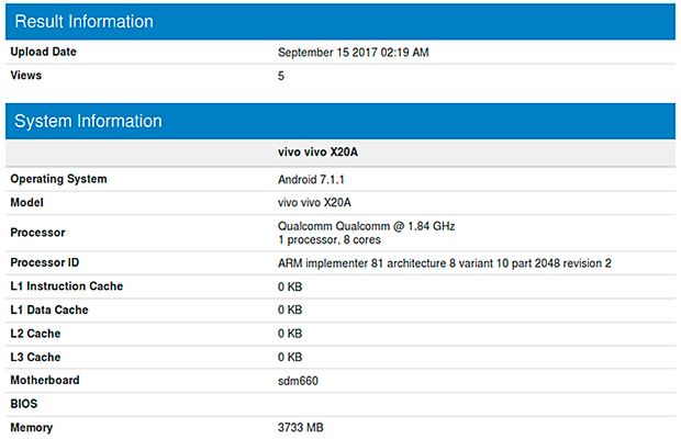 Vivo X20A протестирован в Geekbench: Snapdragon 660 и 4 ГБ оперативной памяти