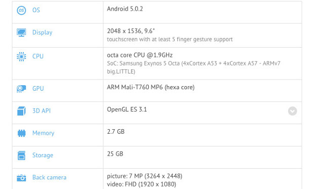 В Сеть утекли спецификации 9.7-дюймового Samsung Galaxy Tab S2