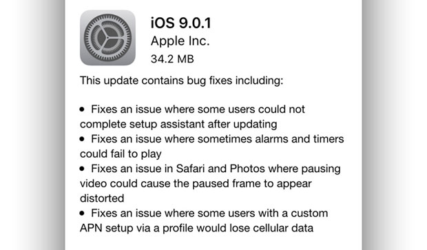Apple выпустила накопительное обновление iOS 9.0.1