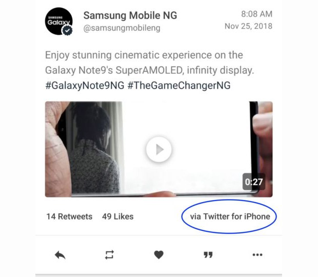 Samsung расхваливает Galaxy Note9 в Twitter со смартфона iPhone