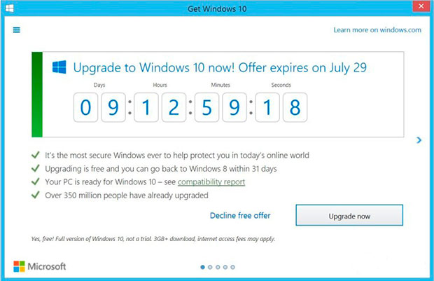 Microsoft запустила обратный отсчет до конца бесплатной Windows 10