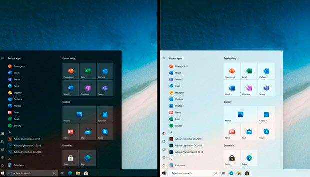 Показано, как выглядит меню «Пуск» Windows 10 без живых плиток