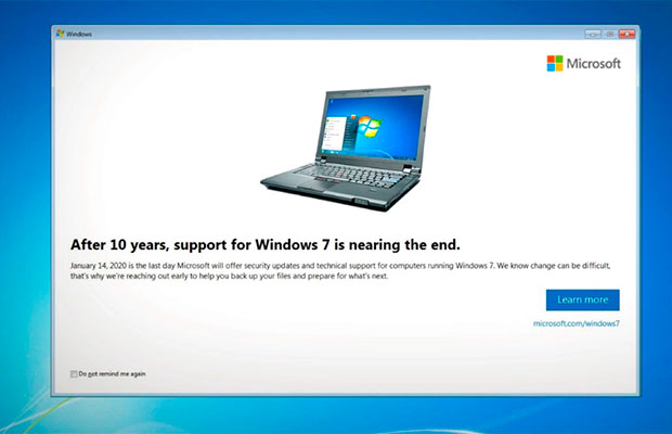 Microsoft разослала патч, сообщающий о прекращении поддержки Windows 7