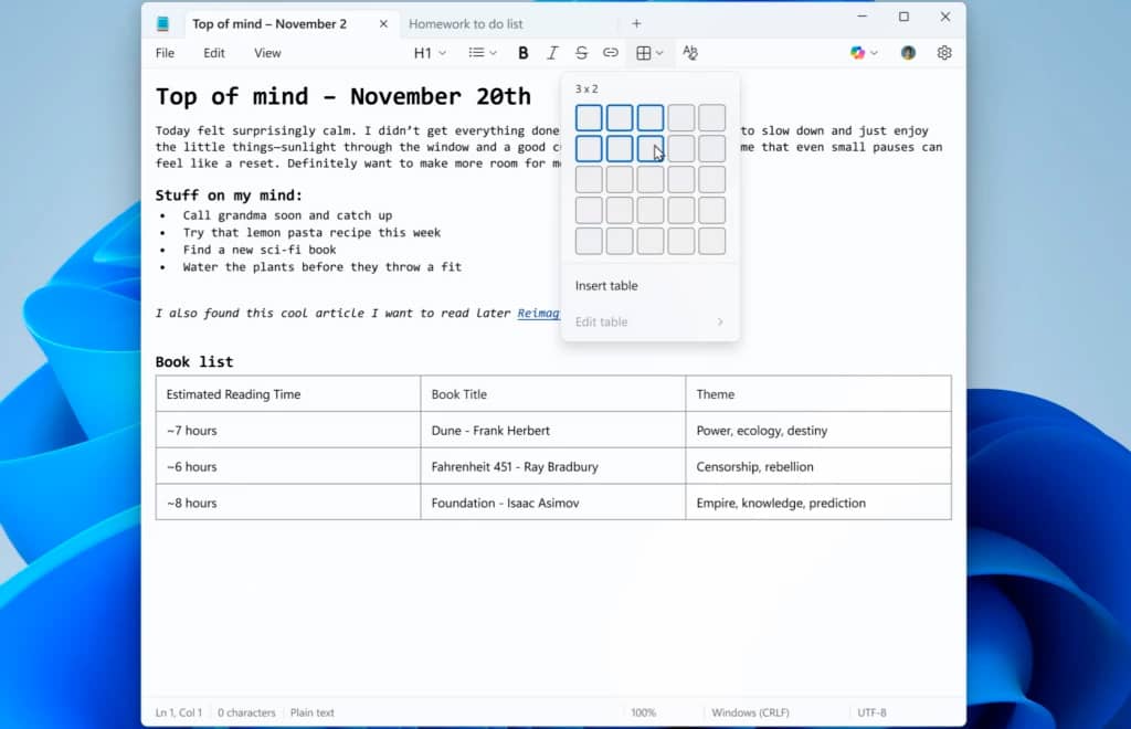 В Блокнот в Windows 11 добавлены таблицы