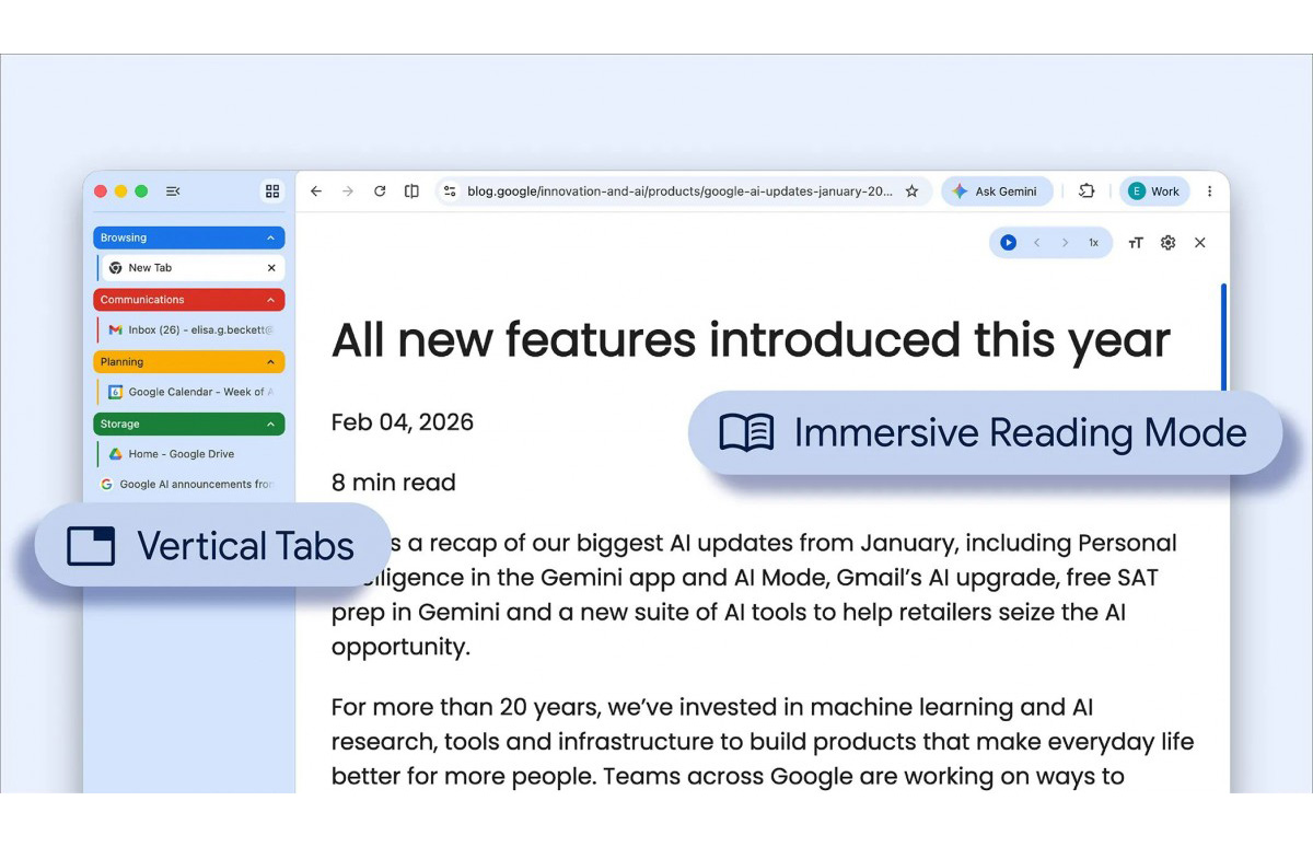 У Google Chrome з’являються вертикальні вкладки та новий імерсивний режим читання